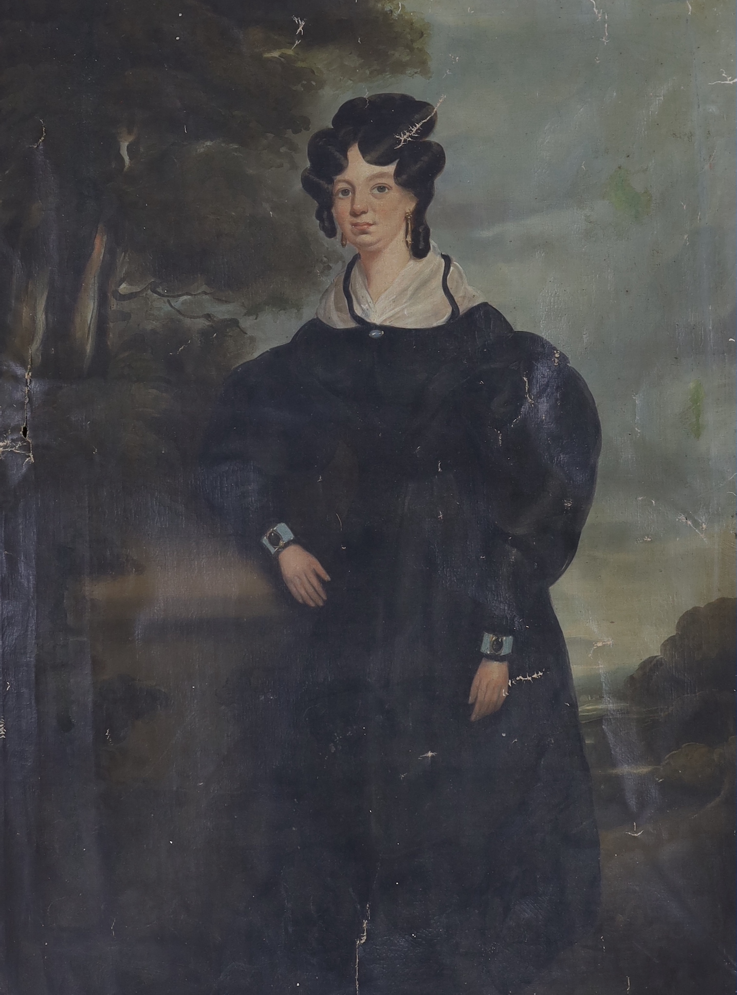 Two oils on unstretched canvas: Victorian School, Full length portrait of a lady wearing a mourning dress, and feigned oval Portrait of a gentleman, possibly an actor wearing theatrical robes, largest approx. 77 x 56cm